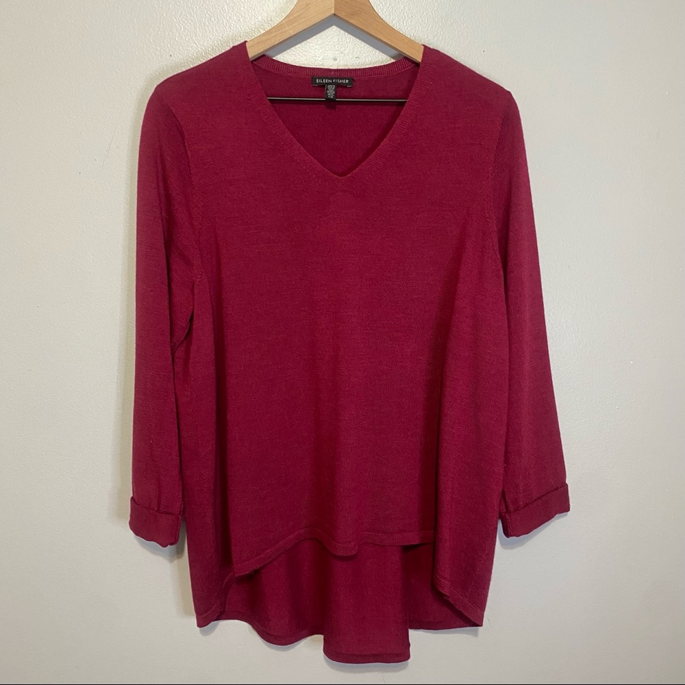 Eileen Fisher Womens Sweater V Neck High Low Magenta Purple Merino Wool Large